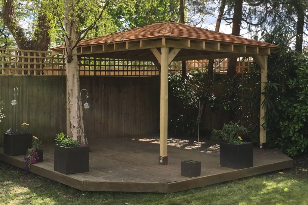 Outdoor timber structures wooden pergola on raised decking
